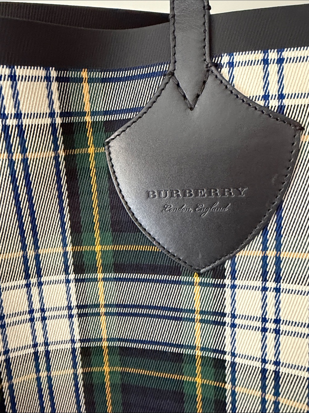 Burberry Navy, Green, Cream Plaid Tote with Black Leather Trim - Picture 3 of 7